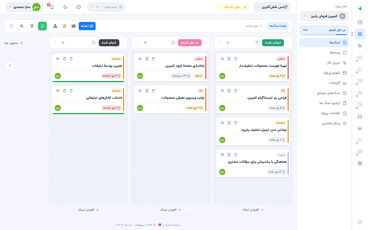 تختهٔ پروژه با ستونهای انجام نشده، در حال انجام و انجام شده (دسکتاپ)